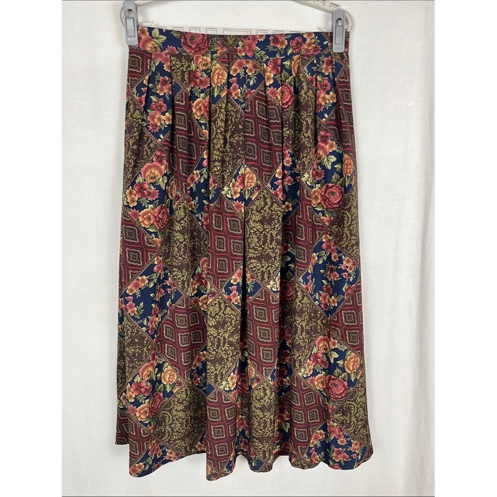Vintage 1990s Charter Club Blue and Red Paisley Patchwork Pleated Midi Skirt